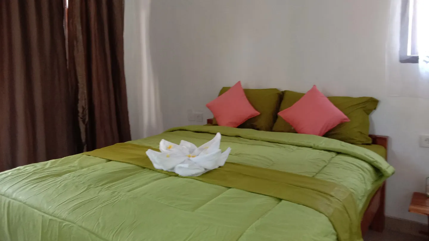 Double bed with green linen and coral cushions, a towel folded into a flower